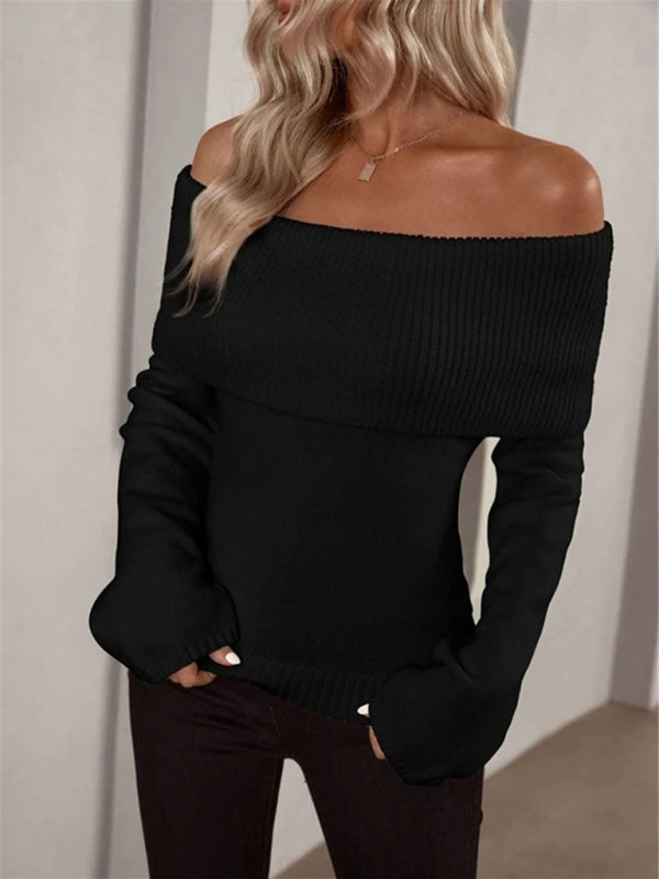 Women’s Off-the-Shoulder Long Sleeve Sweater in 2 Colors S-XL - Wazzi's Wear