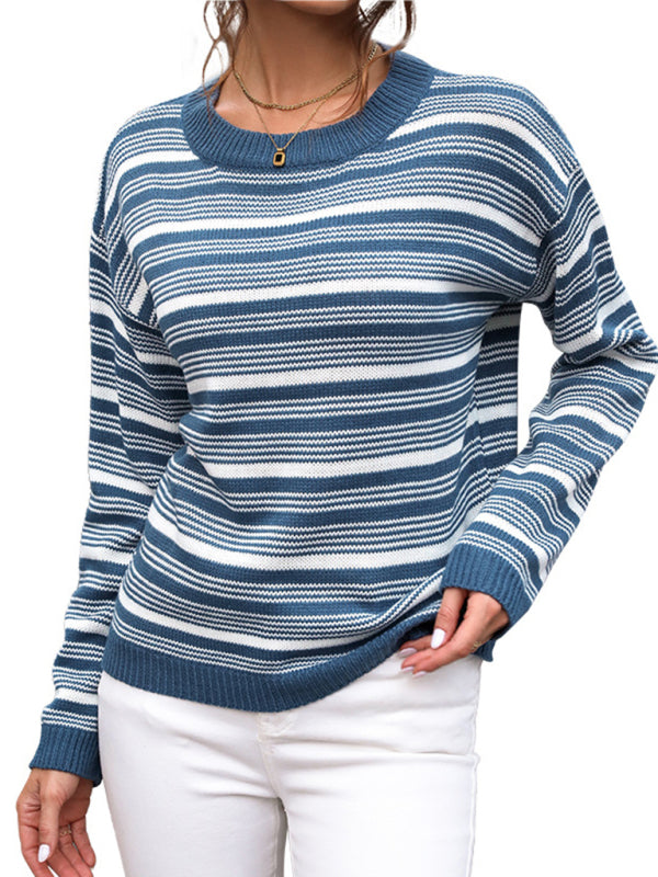 Women's Round Neck Long Sleeve Striped Sweater S-L - Wazzi's Wear