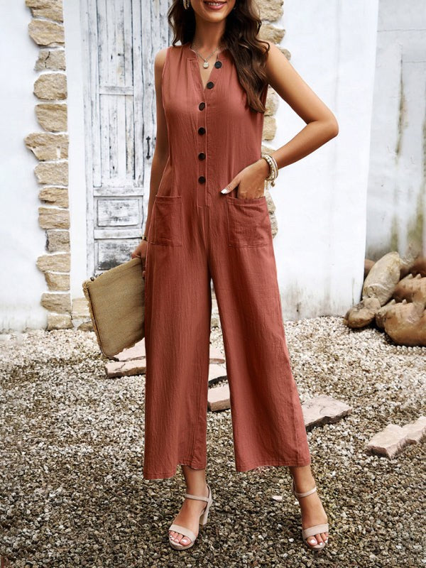 Women's Wide Leg V-Neck Sleeveless Jumpsuit with Pockets in 4 Colors S-XL - Wazzi's Wear