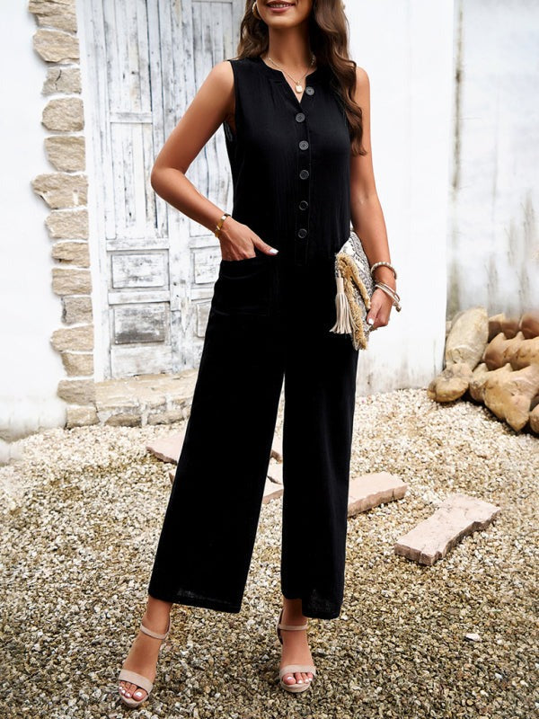 Women's Wide Leg V-Neck Sleeveless Jumpsuit with Pockets in 4 Colors S-XL - Wazzi's Wear