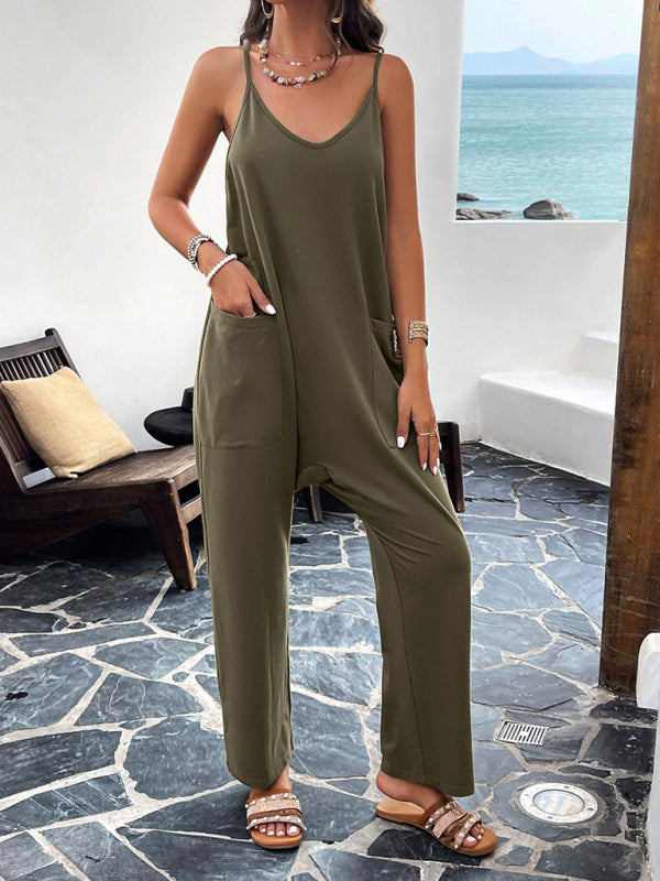 Women's V-Neck Jumpsuit with Pockets in 5 Colors S-XL - Wazzi's Wear