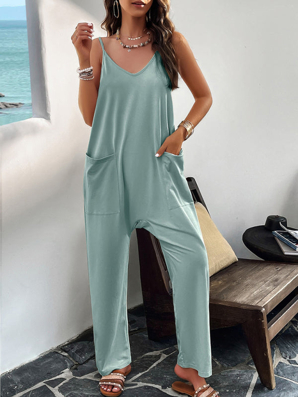 Women's V-Neck Jumpsuit with Pockets in 5 Colors S-XL - Wazzi's Wear