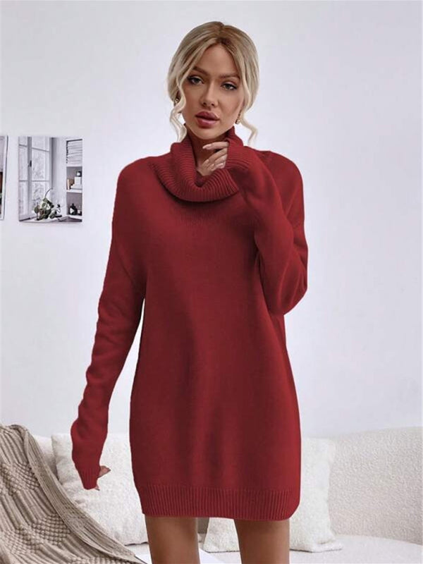 Women's Long Sleeve Turtleneck Knit Sweater Dress in 4 Colors S-XL - Wazzi's Wear