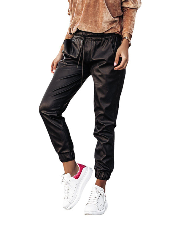 Women's PU Leather Cuffed Pants with Drawstring and Pockets  in 2 Colors Waist 27-33 - Wazzi's Wear