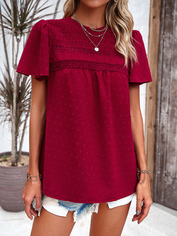 Women's Short Sleeve Ruffled Top with Lace in 6 Colors S-XL - Wazzi's Wear