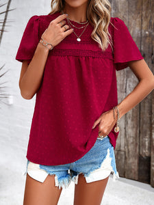 Women's Short Sleeve Ruffled Top with Lace in 6 Colors S-XL - Wazzi's Wear