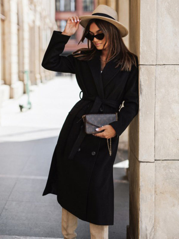Women's Single Breasted Wool Coat with Waist Tie