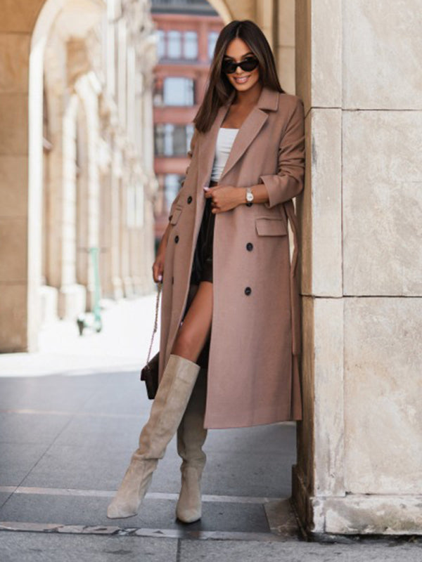 Women's Single Breasted Wool Coat with Waist Tie