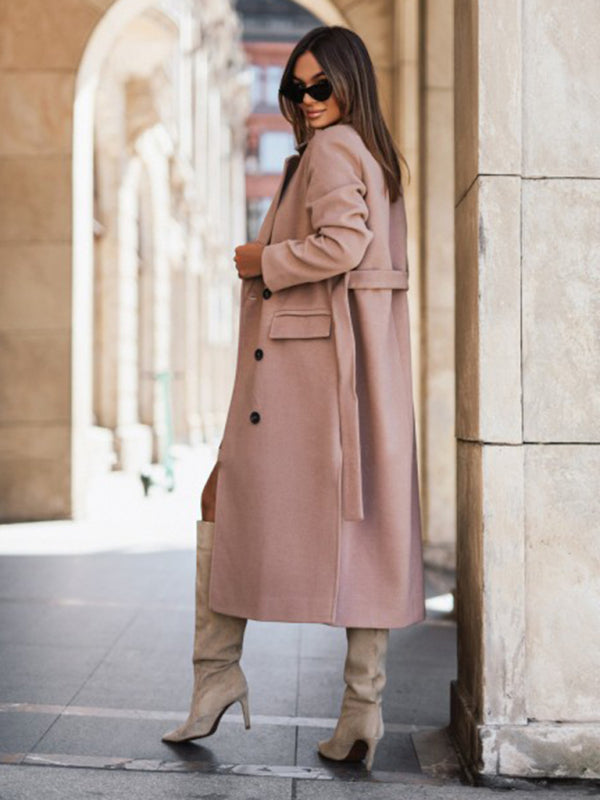 Women's Single Breasted Wool Coat with Waist Tie