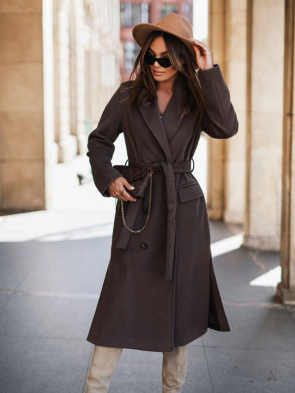 Women's Single Breasted Wool Coat with Waist Tie