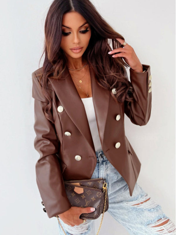 Women's Long Sleeve Double-Breasted PU Leather Jacket in 4 Colors Sizes 4-12 - Wazzi's Wear