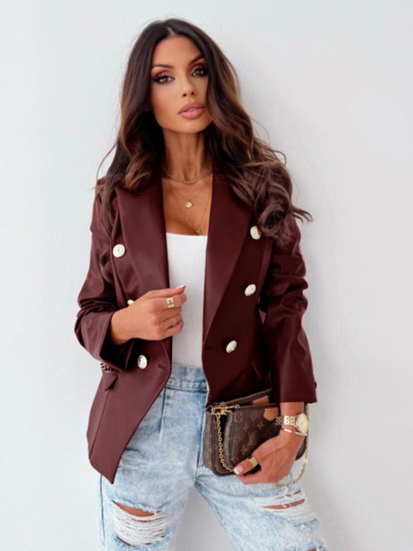 Women's Long Sleeve Double-Breasted PU Leather Jacket in 4 Colors Sizes 4-12 - Wazzi's Wear