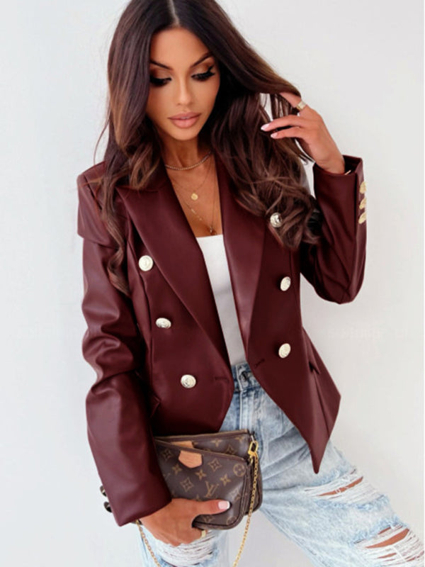 Women's Long Sleeve Double-Breasted PU Leather Jacket in 4 Colors Sizes 4-12 - Wazzi's Wear