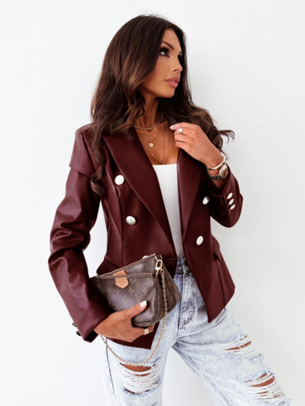 Women's Long Sleeve Double-Breasted PU Leather Jacket in 4 Colors Sizes 4-12 - Wazzi's Wear