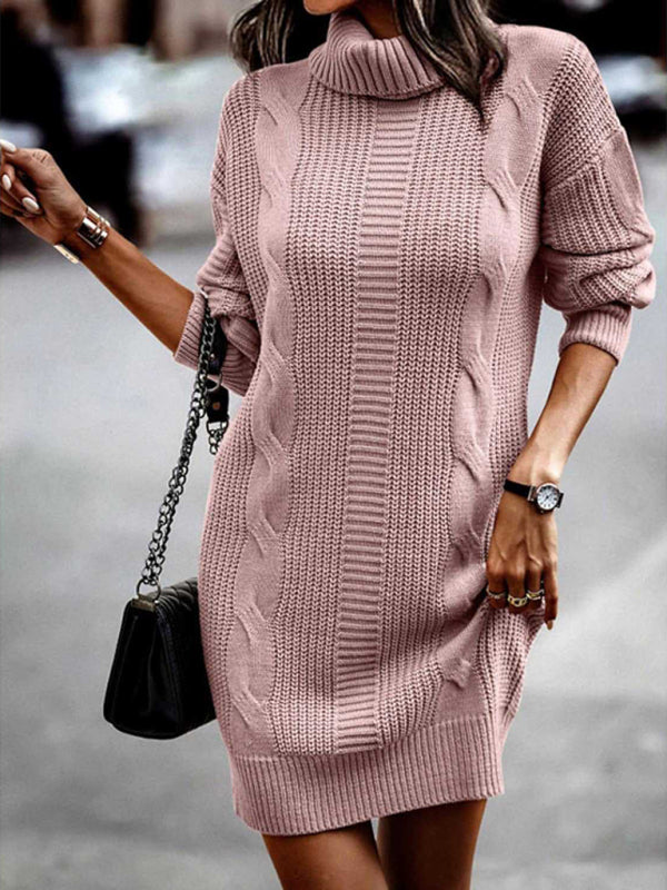 Women's Mid-Length Turtleneck Long Sleeve Sweater Dress in 5 Colors S-XL - Wazzi's Wear