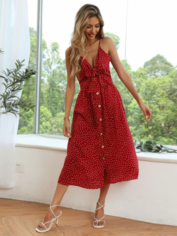 Women's Wine Red Polka Dot Sleeveless Midi Dress with Buttons and Bow S-XL - Wazzi's Wear