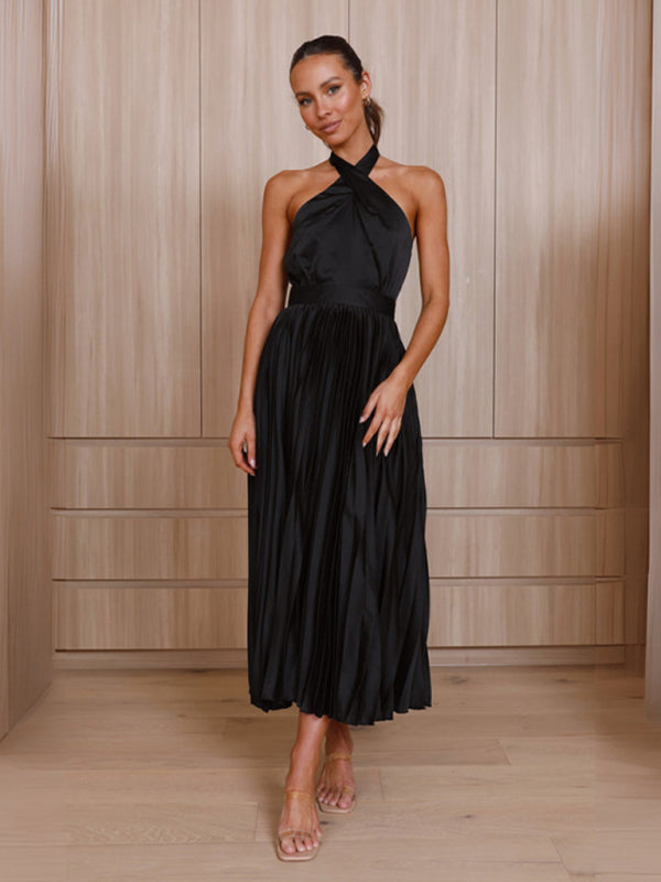 Women's Sleeveless Halter Neck Pleated Evening Dress in 4 Colors S-XL - Wazzi's Wear