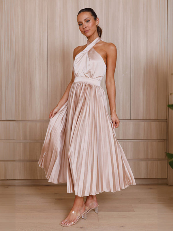 Women's Sleeveless Halter Neck Pleated Evening Dress in 4 Colors S-XL - Wazzi's Wear