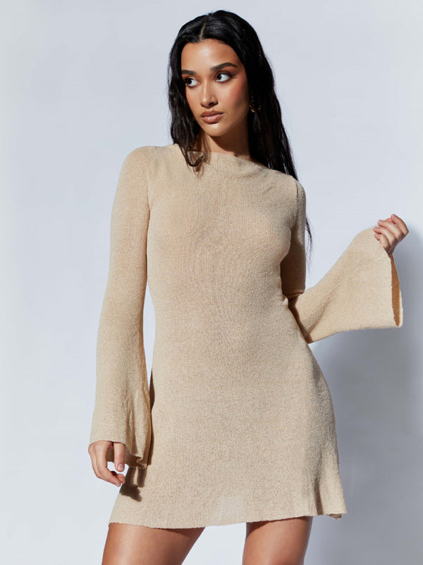 Women's Backless Long Bell Sleeve Knit Dress in 4 Colors S-L - Wazzi's Wear