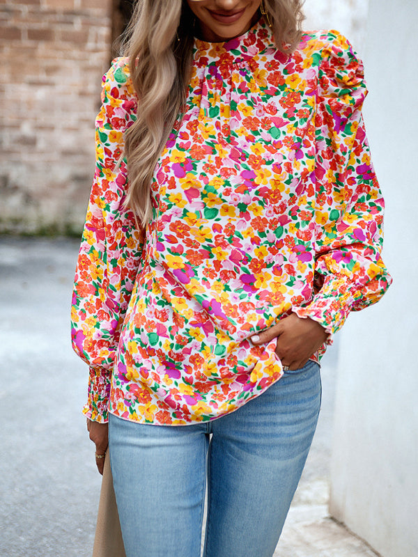 Women's printed turtleneck puff sleeve top blouse - Wazzi's Wear