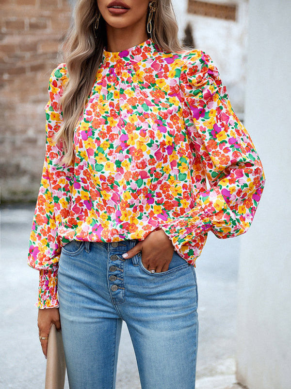 Women's printed turtleneck puff sleeve top blouse - Wazzi's Wear