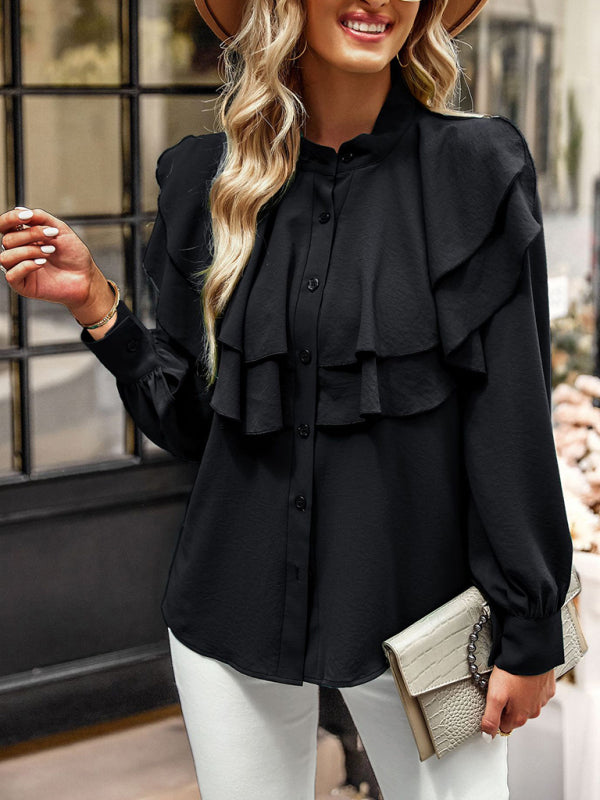 Women's Solid Colour Ruffled Long Sleeve Blouse