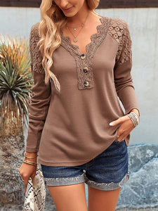 Women's V-Neck Long Sleeve Top with Lace Detail in 4 Colors S-XL - Wazzi's Wear