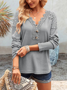 Women's V-Neck Long Sleeve Top with Lace Detail in 4 Colors S-XL - Wazzi's Wear