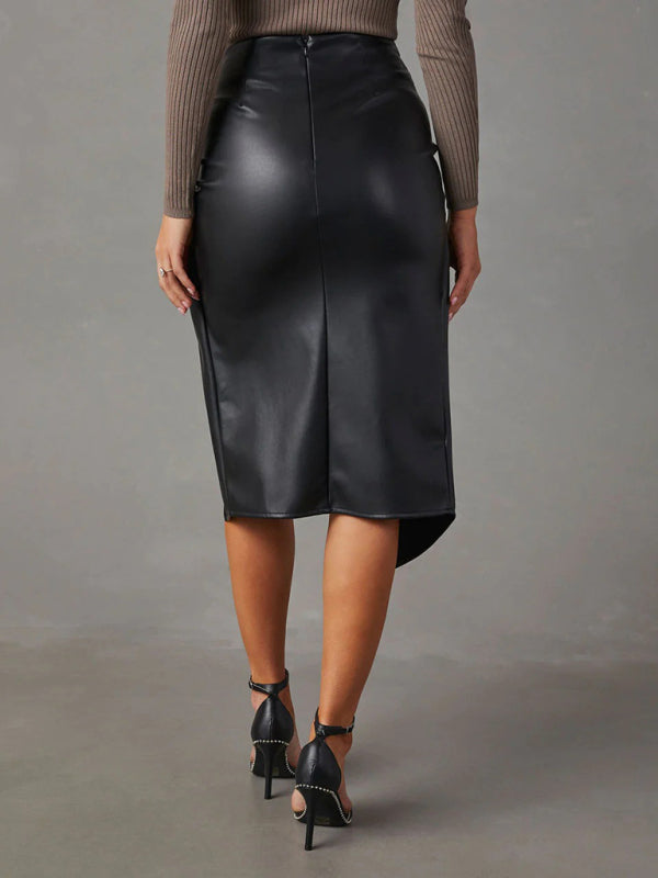 Women’s Mid-Length PU Leather Skirt with Knot and Leg Slit in 2 Colors Waist 28-34 - Wazzi's Wear