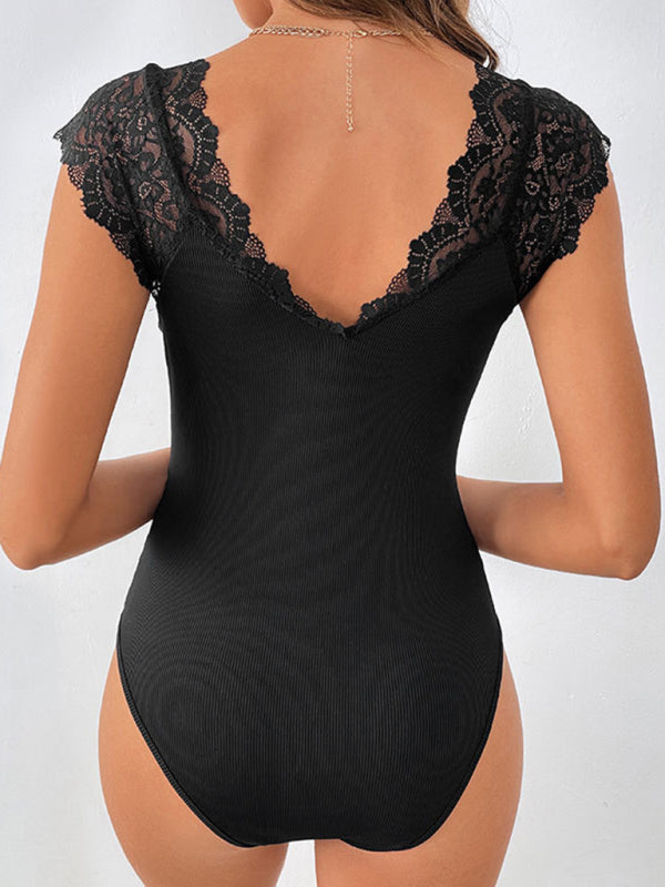 Women’s Black V-Neck Bodysuit with Lace Detail S-XL - Wazzi's Wear