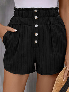 Women's High Elastic Waist Pleated Black Shorts with Pockets Waist 26-46 - Wazzi's Wear