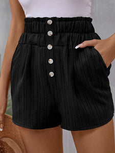 Women's High Elastic Waist Pleated Black Shorts with Pockets Waist 26-46 - Wazzi's Wear