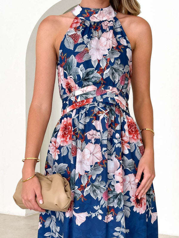 Women's Floral Halterneck Dress with Waist Tie in 2 Colors S-XL - Wazzi's Wear