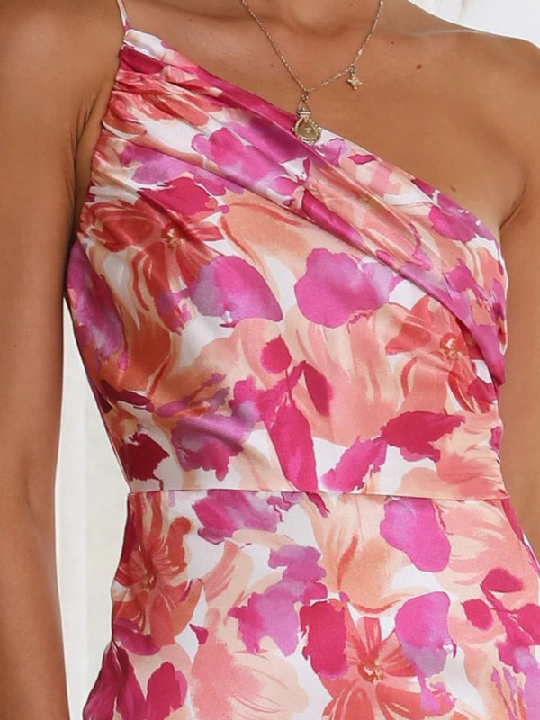 Women's new fashionable temperament slant neck suspender fishtail print dress - Wazzi's Wear