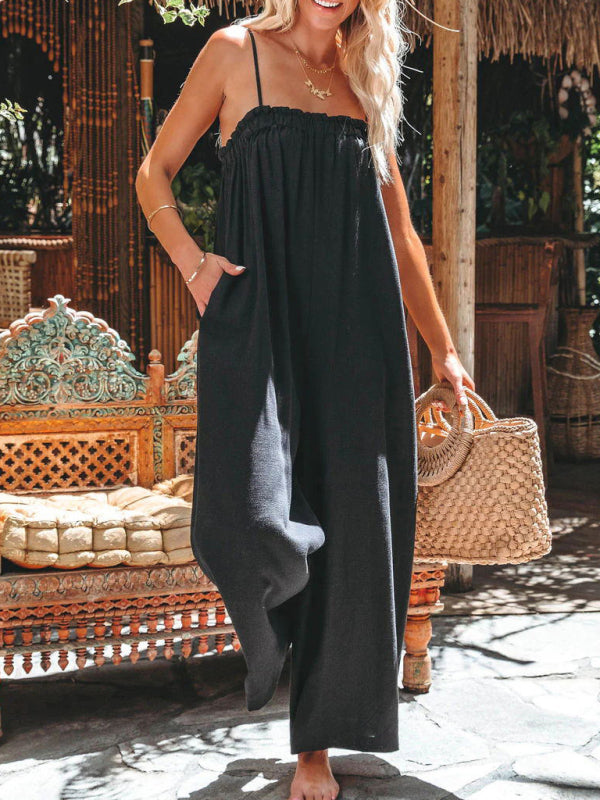 New loose high-waisted wide-leg fashion suspender jumpsuit - Wazzi's Wear