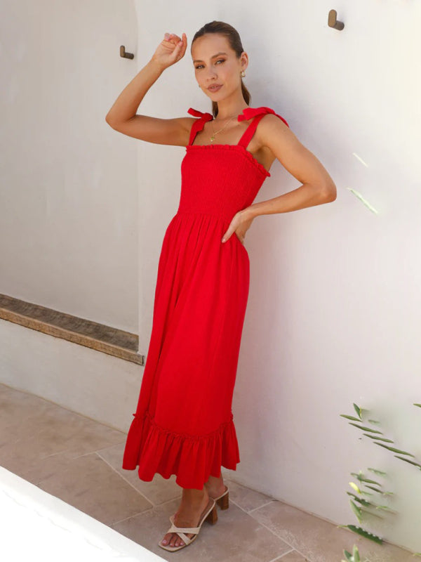 Women’s Sleeveless Midi Dress with Tied Shoulder Straps in 4 Colors S-XL - Wazzi's Wear