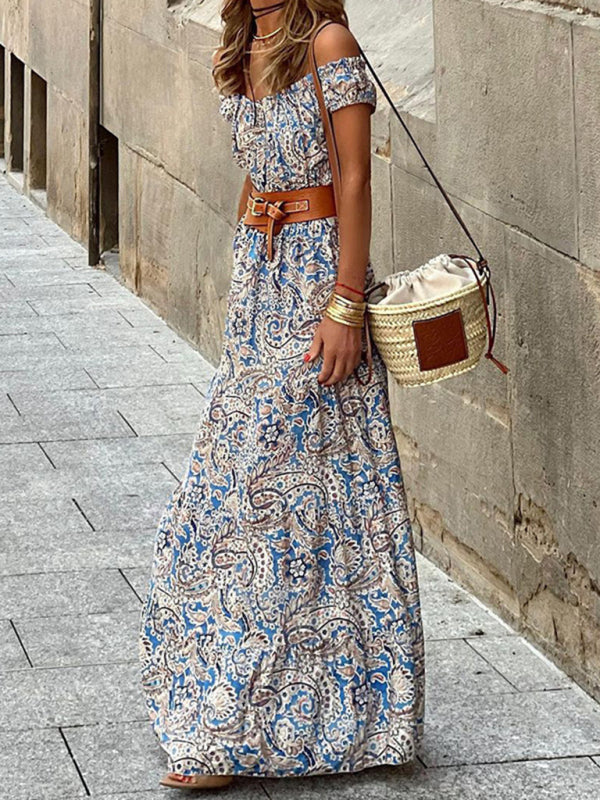 -Shoulder Short Sleeve Bohemian Maxi Dress
