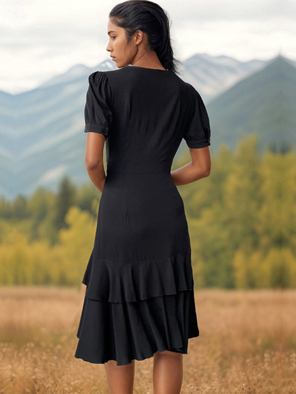 Women's Black Slim Fit Ruffled Elegant Dress with Short Sleeves S-XL - Wazzi's Wear