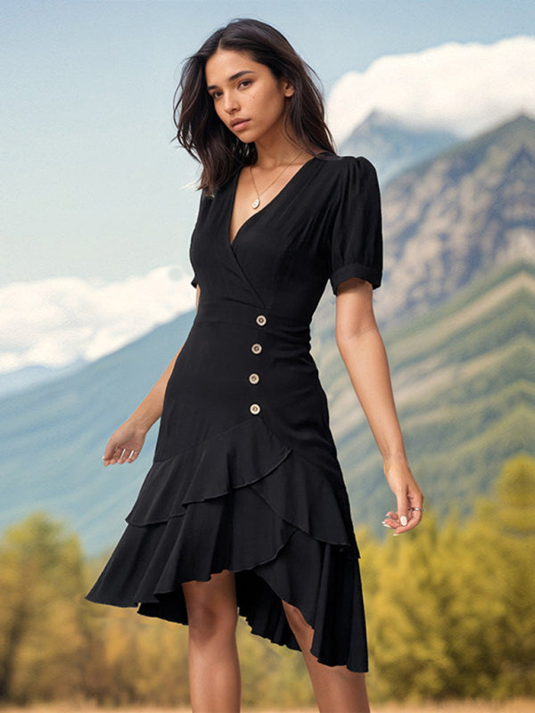 Women's Black Slim Fit Ruffled Elegant Dress with Short Sleeves S-XL - Wazzi's Wear