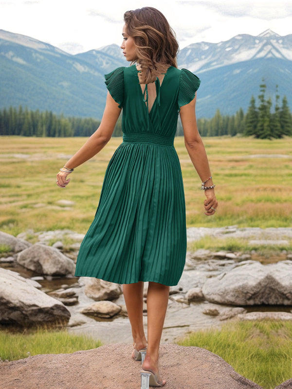 Women’s V-Neck High Waist Short Sleeve Pleated Dress in 5 Colors S-XL - Wazzi's Wear