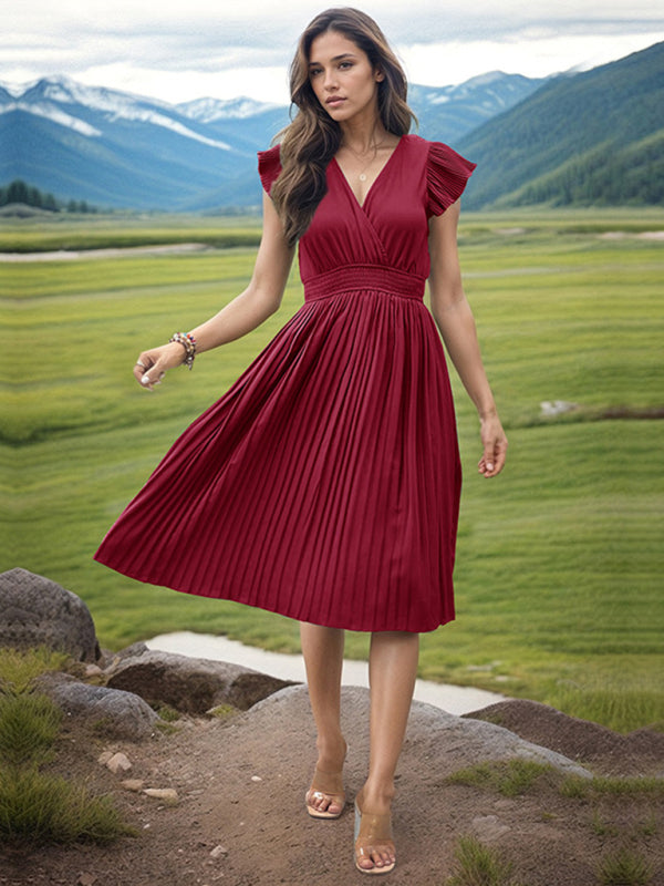 Women’s V-Neck High Waist Short Sleeve Pleated Dress in 5 Colors S-XL - Wazzi's Wear
