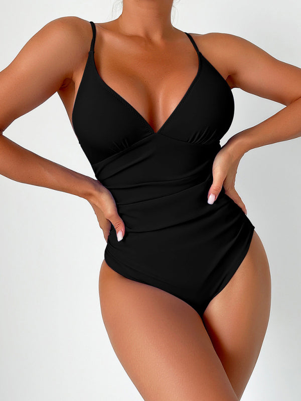 Fato de banho de uma peça com decote em V de cor sólida para mulher em 8 cores S-XXL