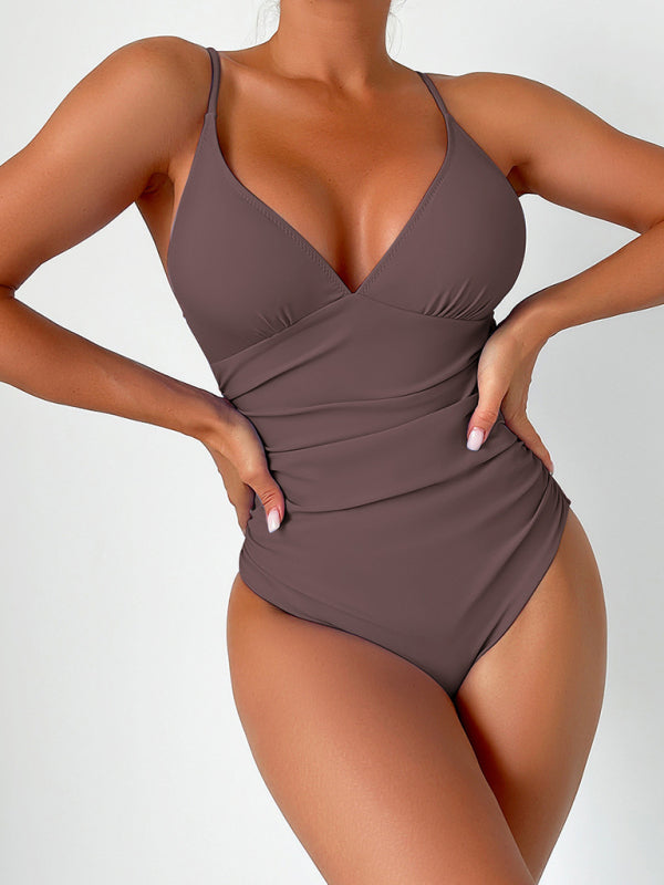 Fato de banho de uma peça com decote em V de cor sólida para mulher em 8 cores S-XXL