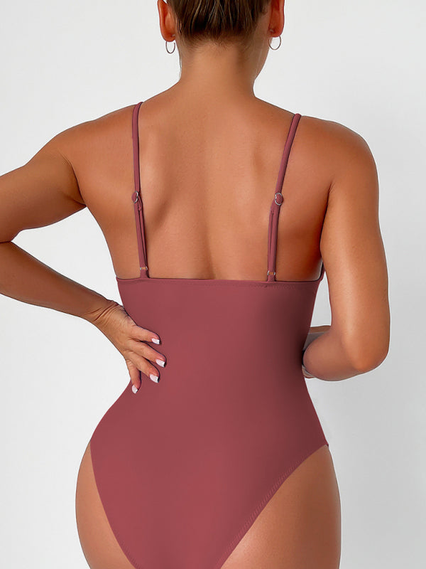 Fato de banho de uma peça com decote em V de cor sólida para mulher em 8 cores S-XXL