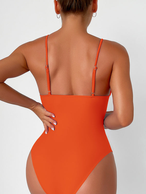 Fato de banho de uma peça com decote em V de cor sólida para mulher em 8 cores S-XXL