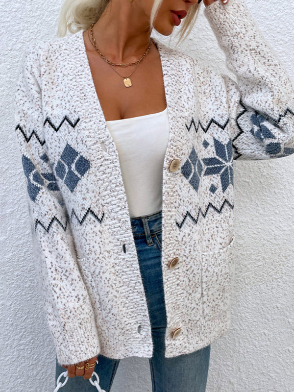 Women's Knit Cardigan Sweater with Snowflakes and Pockets in 4 Colors S-L - Wazzi's Wear