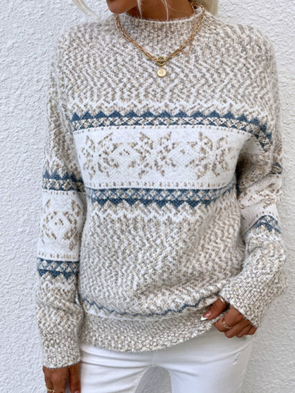 Women's Knitted Snowflake Christmas Sweater with Mock Neck in 4 Colors S-XL - Wazzi's Wear