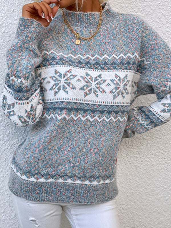 Women's Knitted Snowflake Christmas Sweater with Mock Neck in 4 Colors S-XL - Wazzi's Wear