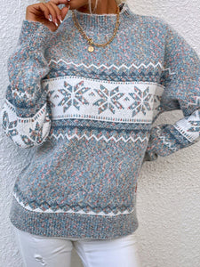 Women's Knitted Snowflake Christmas Sweater with Mock Neck in 4 Colors S-XL - Wazzi's Wear