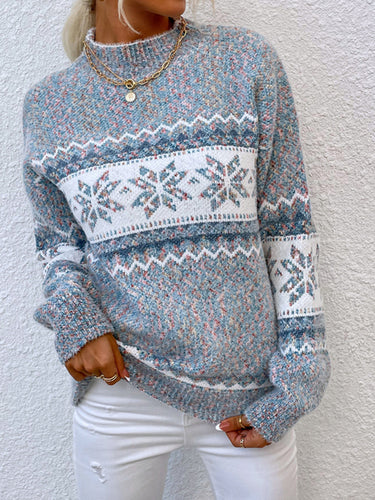 Women's Knitted Snowflake Christmas Sweater with Mock Neck in 4 Colors S-XL